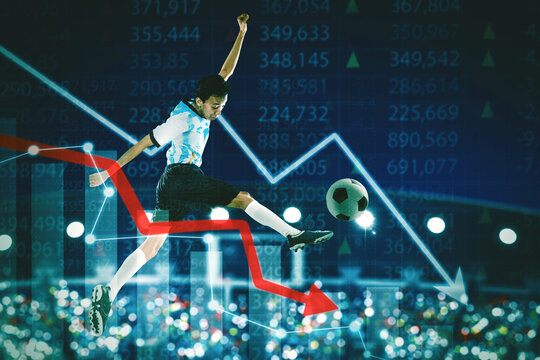 Man playing soccer with financial data background