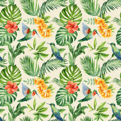 Hummingbirds, flowers and palm leaves. Tropical seamless pattern. watercolor painting. Print design. 