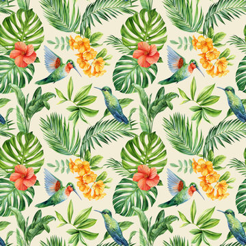 Hummingbirds, flowers and palm leaves. Tropical seamless pattern. watercolor painting. Print design. 
