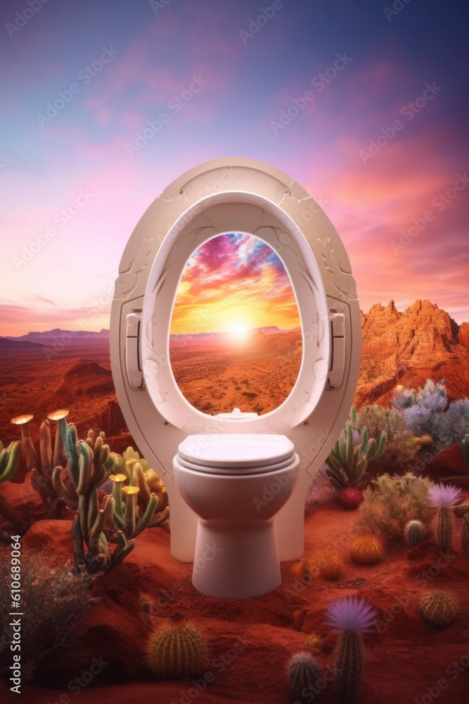 Poster a toilet in the middle of a desert with a sunset in the background. generative ai image.