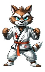 Funny cartoon raccoon practicing karate in a stylish kimono, wild animal © Chirus