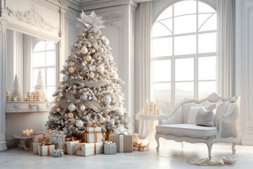 Christmass tree and craft gift boxes with beige bows in white interior. Generative AI