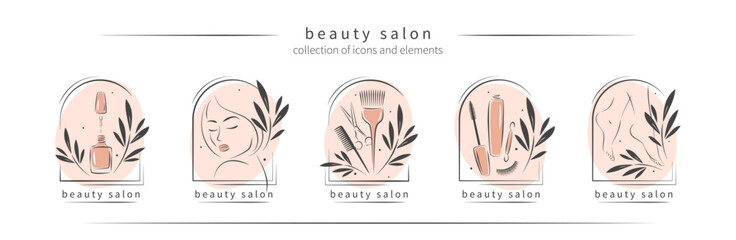 Big set of elements and logos for beauty salon. Nail polish,  manicured female legs, beautiful woman face, eyelash extension, makeup, hairdressing. Vector illustrations