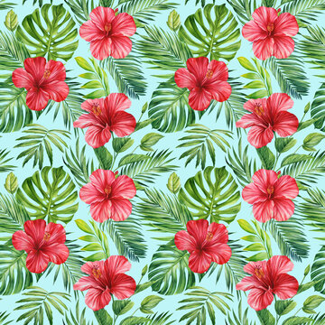 Tropic pattern. Jungle palm leaves and hibiscus flower. Tropical background, seamless pattern. Flora painting watercolor