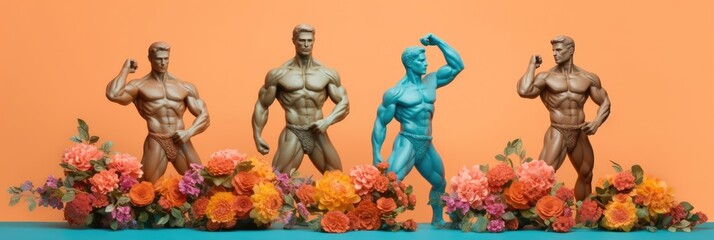 Muscular men and flowers on a colored background. Bodybuilding concept. Created with Generative AI tools