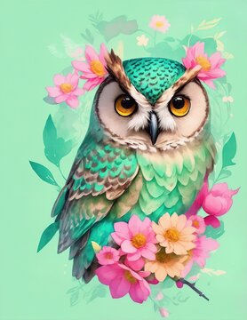 Green owl with flowers on green background, Generative AI