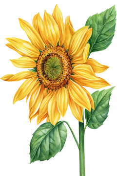 Watercolor sunflower isolated on white background. Botanical painting. Yellow flower hand painted illustration