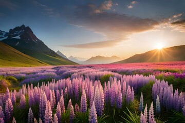 Fototapeta na wymiar A field of delicate pink and purple lupine flowers creates a stunning carpet of color
