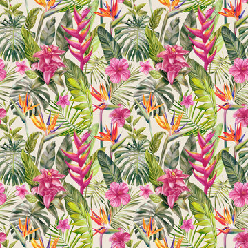 Seamless tropical pattern with palm leaves and flowers. watercolor painting illustration.