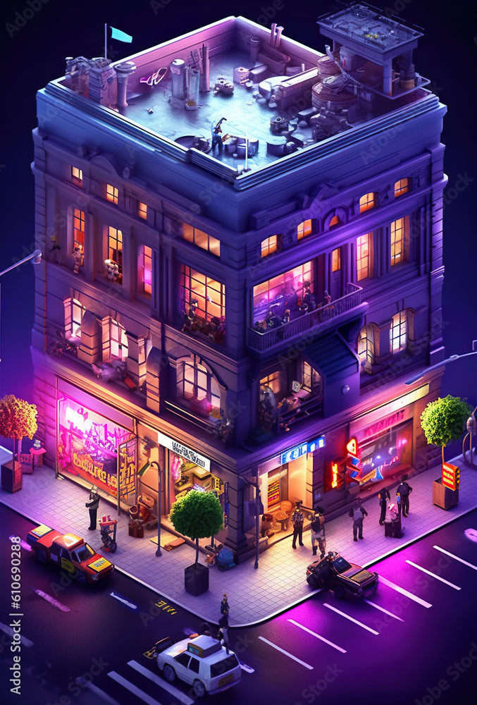 Aufkleber a building with people walking around it at night. generative ai. technological neon lit building in