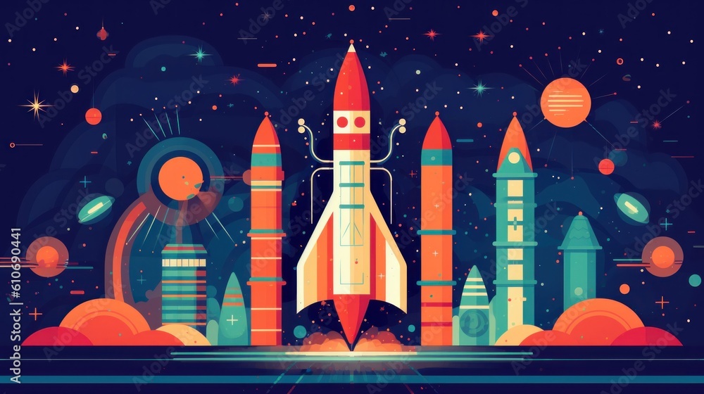 Aufkleber a rocket is flying through the sky with other rockets in the background. generative ai image.
