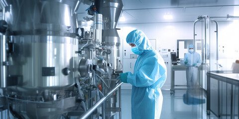 Biotechnology production facility, pharma. Clean production room with worker in protective suit. Generative AI image. - obrazy, fototapety, plakaty