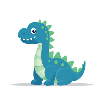 Cute dinosaur isolated on white background. Blue and green dinosaur cartoon smiling. Vector stock