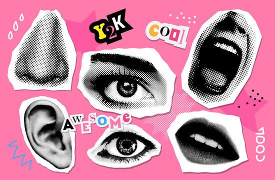 Collage Design Elements Set In Trendy Y2k Dotted Style. Retro Halftone Effect. Face Parts - Mouth, Eye, Lose, Ear. Vector Illustration With Vintage Grunge Punk Cutout Shapes. Stickers Collection.