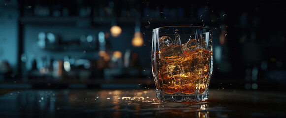 Whiskey splash in glass on wood table blur bar background,generative ai.