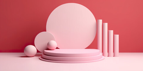 Round podium on layered pink and red background. Product pedestal for product showcase. Generative AI.