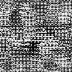 Grunge halftone monochrome engraved shapes background with white black dots and geometrical splattered background, with circles grunge swoosh smudge shape and messy drop with dots pattern.	