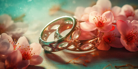 Wedding Rings of love and romance dreamy pastel background , red hearts valentine days , greetings cards congratulations , Created with generative AI