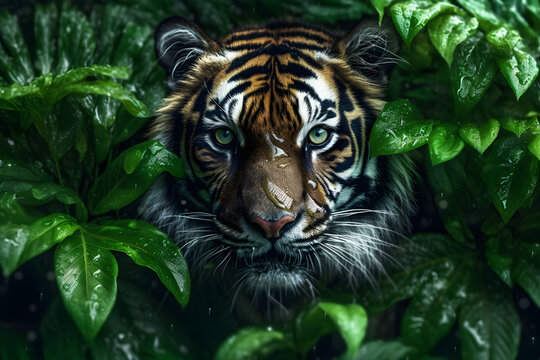 Close-up photo of a tiger's face in a rainforest. Generative AI