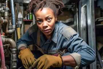 A young black female plumber working to fix a problem in a house. Generative AI. 