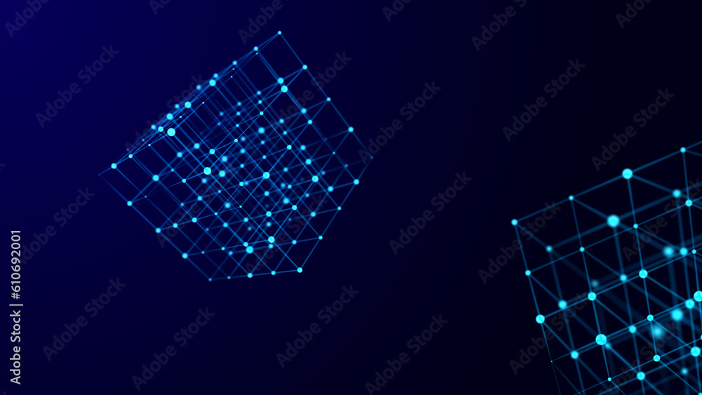 Poster digital blockchain concept. data storage in separate cells. abstract background with dots and connec