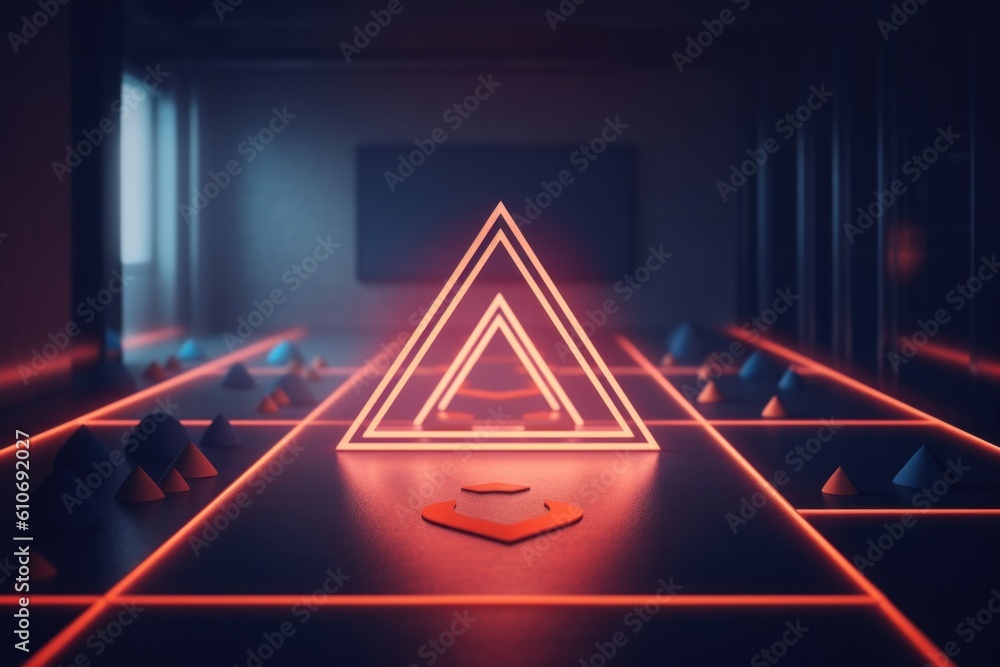 Aufkleber a neon triangle in a dark room. generative ai image.