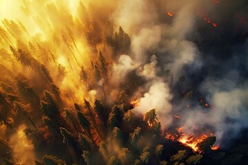 Extreme forest fire. generated image. Hyperrealistic. The effects of global climate change. Extreme weather causing forest fires.