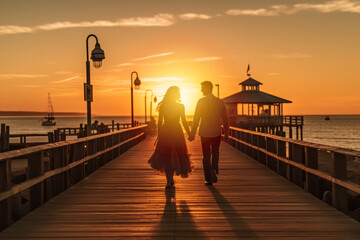 A romantic couple walking hand in hand on a pier at sunset, surrounded by vintage beach props and capturing the magic of summer nights. Generative AI