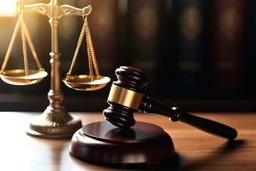 In the legal office of lawyers, the concept of justice and law is embodied by a wooden judge gavel or hammer resting on a desk in a courtroom. Behind it, a brass scales of justice stand blurred