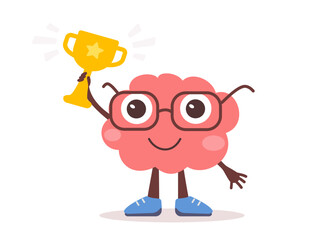 Vector illustration of happy brain character with glasses and golden winner cup. Flat style design of business pink brain character champion on white color background