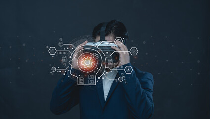 Man wearing VR glasses and accessing the Technology Internet, multimedia, Storage Network connection Concept And a large database big data Through internet technology. E-learning.