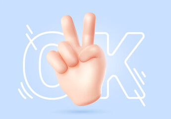 Vector illustration of hand gesture sign v with letter ok on blue color background. 3d style emoji design of man white skin hand