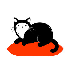 Vector illustration of black and white animal cat character on red pillow on white color background. Flat style design of cute cat