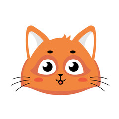 Vector illustration of head of happy animal cat character on white color background. Flat style design of red cute cat