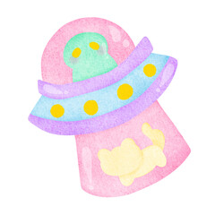 Cute pink space UFO abducting a cat. Alien with UFO and cat. Vector isolated illustration in cartoon style.