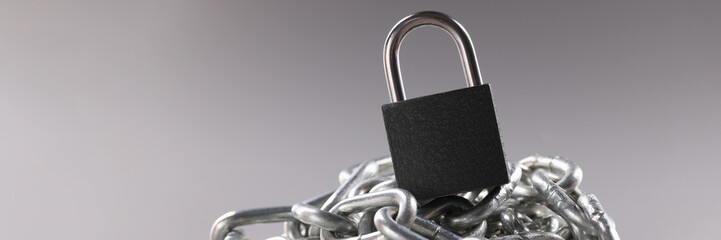 Control lock and chain on gray background. Lock account password or database concept