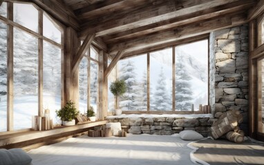 Fototapeta na wymiar Stone and Wood Rustic Interior Design Concept, with Modern and Contemporary Furnitures. Spacious and Bright Living Room with a great view. Generative AI illustration.