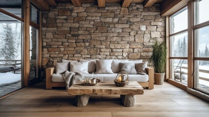 Stone and Wood Rustic Interior Design Concept, with Modern and Contemporary Furnitures. Spacious and Bright Living Room with a great view. Generative AI illustration.