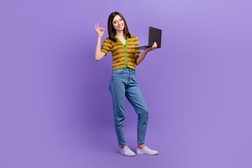 Full length photo of positive lovely stylish lady use quality device hand okey symbol shopping sale isolated on purple color background