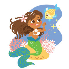 Cute cartoon black skin mermaid with a fish vector illustration