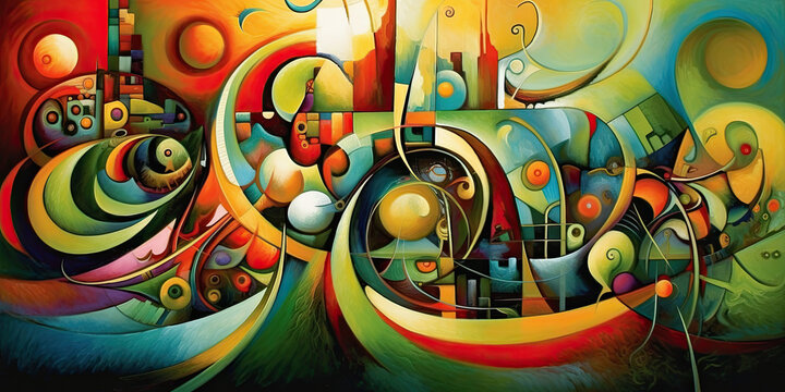Generative AI illustration of colorful abstract background with various geometric shapes and curvy lines forming creative design