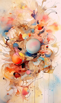 Generative AI illustration of abstract colorful background with various shapes and splashes of paint forming seamless design