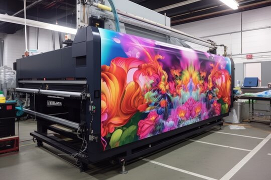 Ultra Wide-format inkjet printer printing machine during production of extreme large print. Generative Ai