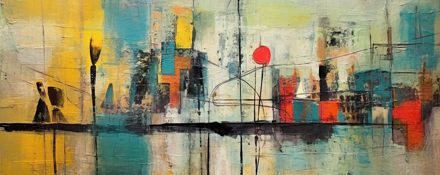 Generative AI illustration of abstract background with various colorful geometric shapes and lines forming ornament