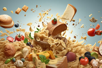 Generative AI illustration of assorted gluten products of pasta and bread flying together with healthy vegetables and berries on blue background