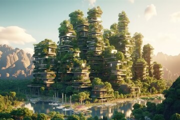 Environmental Awareness City with Vertical Forest Drawing Imitation, Abstract Generative AI Illustration