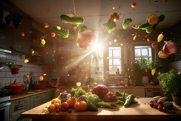 Generative AI illustration of fresh ripe vegetables and herbs on wooden table and flying over it in kitchen with various ingredients
