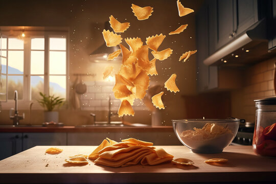 Generative AI illustration of raw pasta made of dough flying over table with ingredients and bowl in kitchen