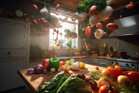 Generative AI illustration of fresh ripe vegetables and herbs placed on wooden table in spacious kitchen with various ingredients for healthy recipe preparation