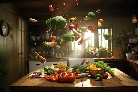 Generative AI illustration of fresh ripe vegetables and herbs on wooden table and flying over it in kitchen with various ingredients
